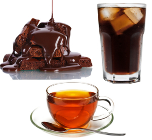 Bebidas e alimentos com cafeína – chocolate, refrigerante de cola e chá de erva-mate