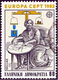 Um selo impresso na Grécia que mostra Arquimedes de Siracusa e atrás a sua descoberta do volume de sólidos irregulares, por volta de 1983
