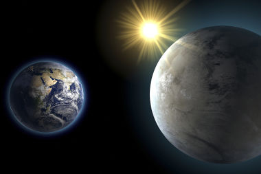 Ilustração da Terra e o planeta Kepler-452b